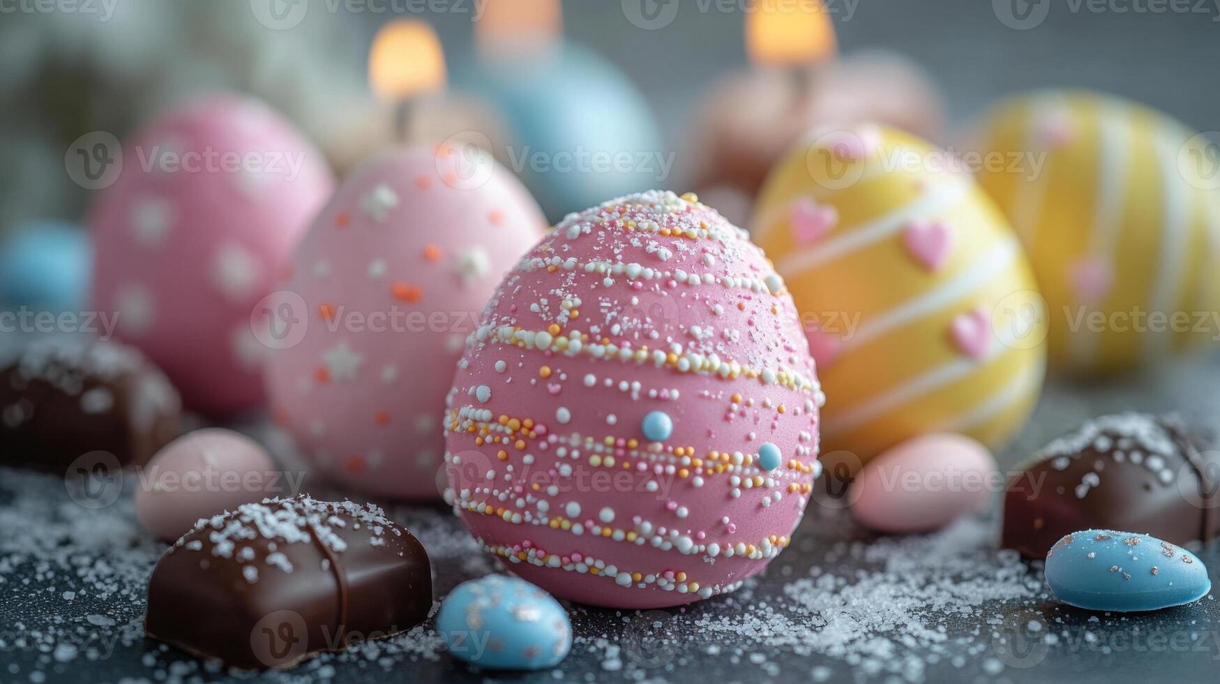 Decorated Easter eggs surrounded by chocolate and pastel candies celebrate springtime festivities photo
