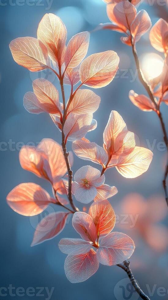 Fresh spring leaves bathed in gentle sunlight create a serene atmosphere in nature's awakening photo