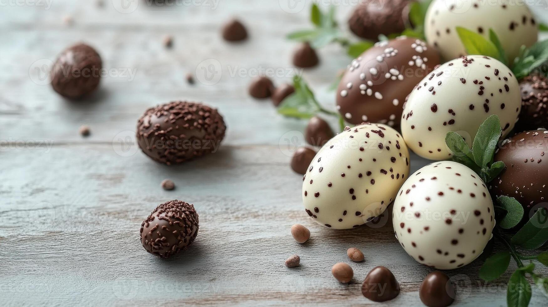 Colorful chocolate eggs and confectionery arranged on rustic wooden table with natural elements photo