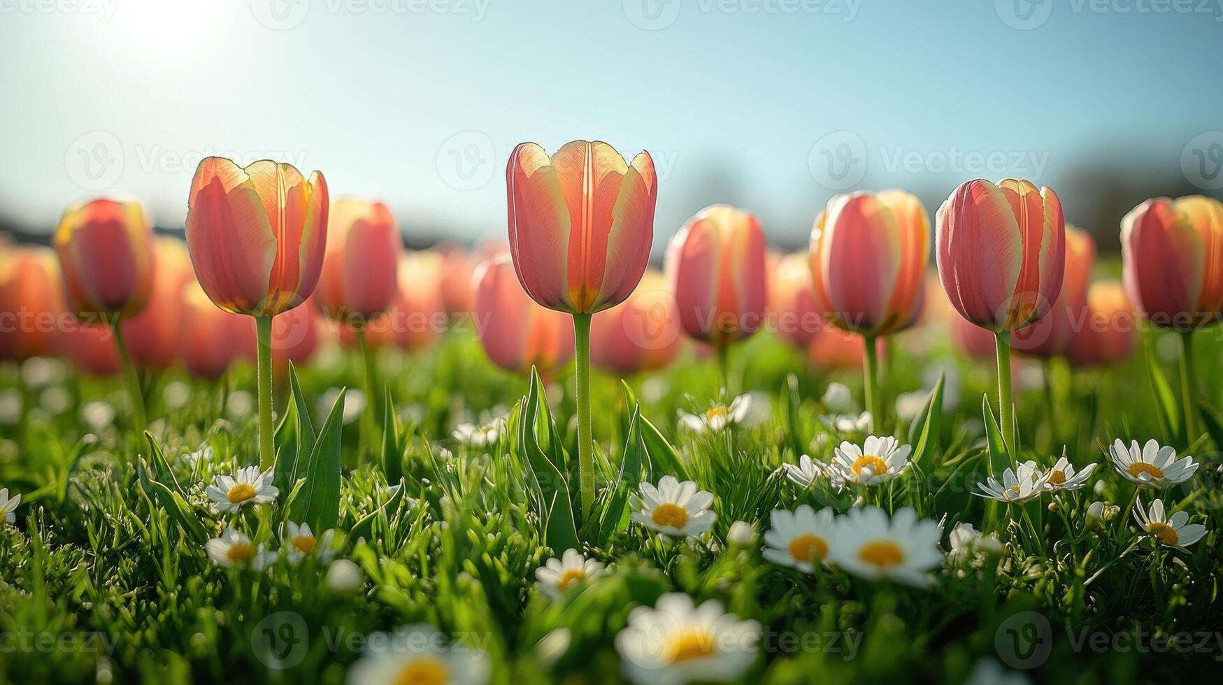 Scenic view of soft green grass with vibrant tulips and daisies blooming under a clear blue sky photo