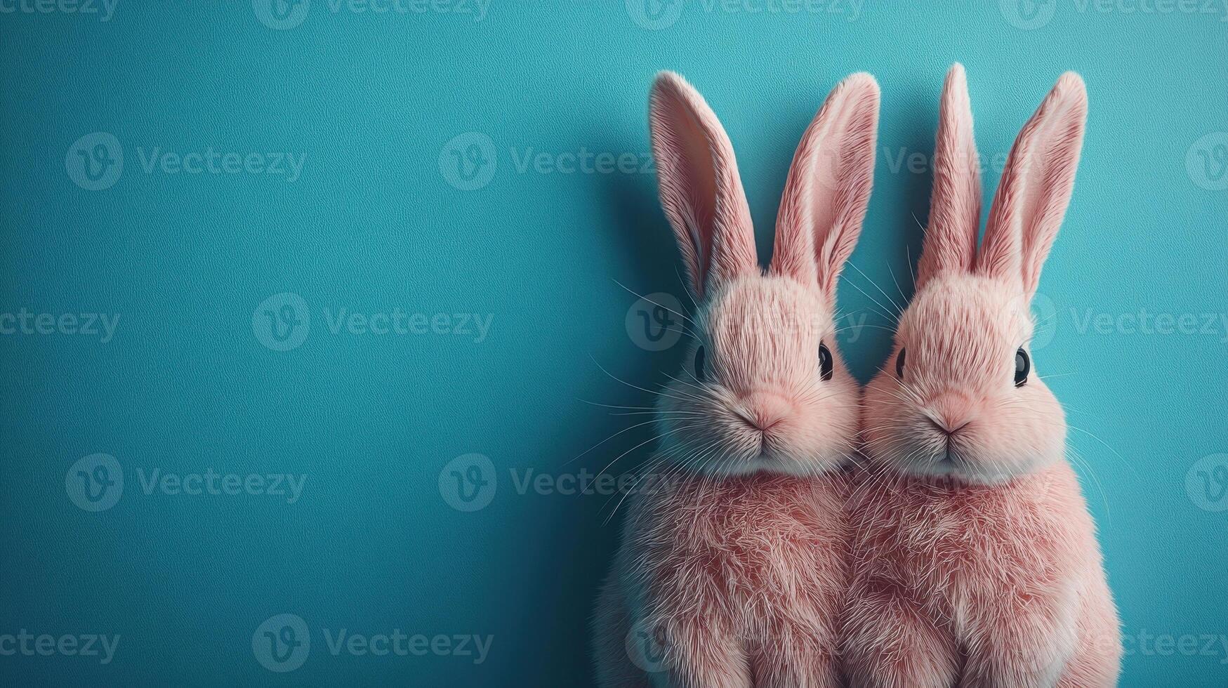 Two fluffy bunnies with adorable ears against a pastel blue background create a delightful and whimsical atmosphere perfect for spring celebrations photo