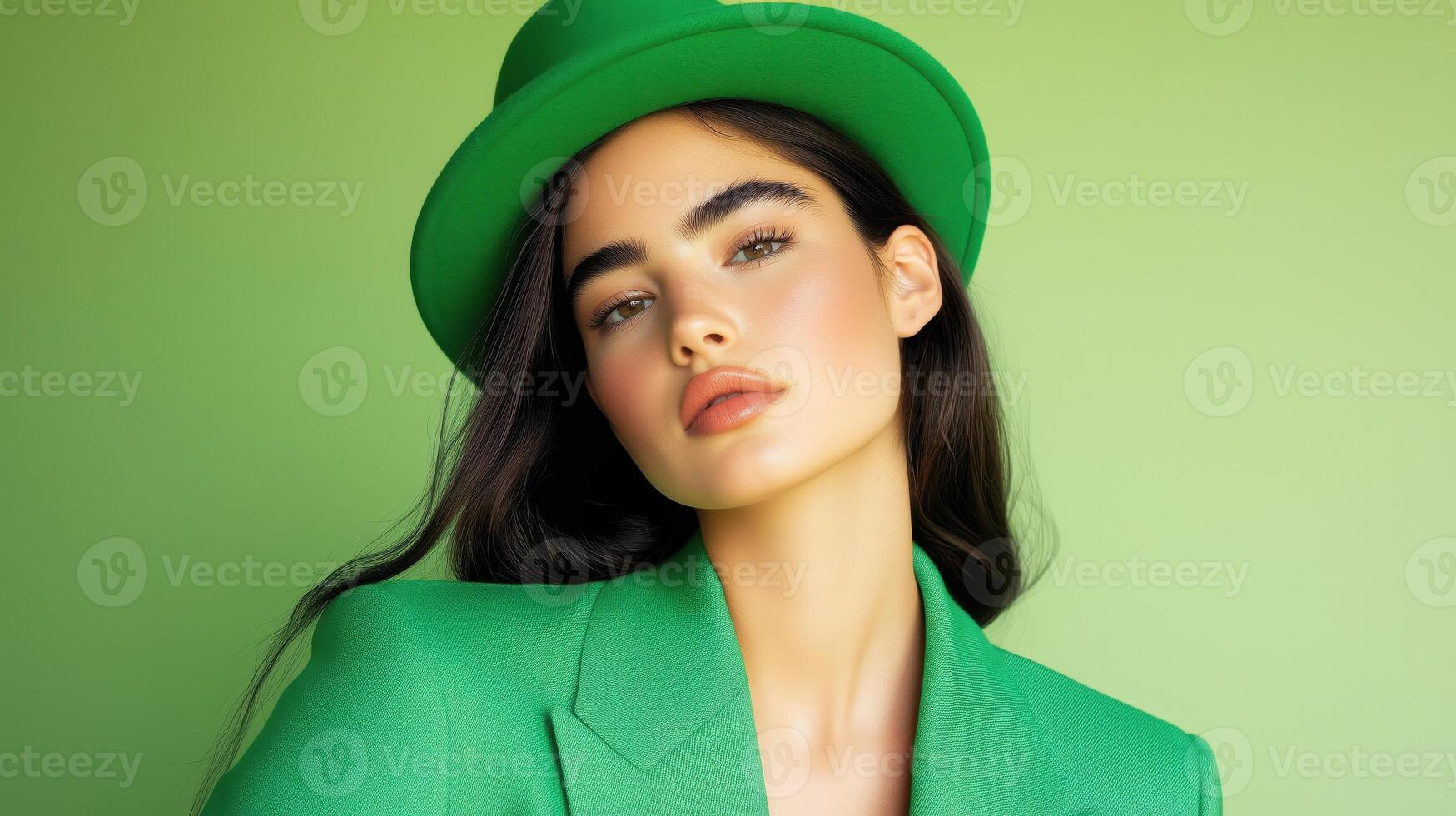 Confident young woman in vibrant green attire poses against a matching backdrop emphasizing her bold style and personality photo