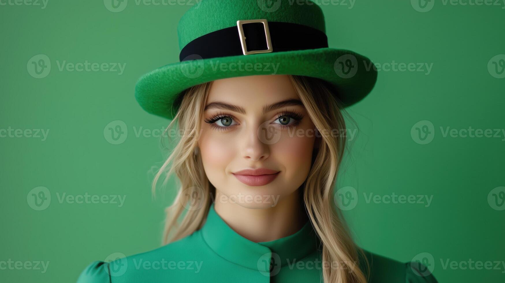 Beautiful woman in green attire and a matching hat against a vibrant background in a studio setting photo
