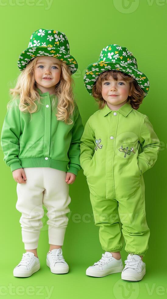 Young boy and girl dressed in vibrant green outfits against a bright background photo