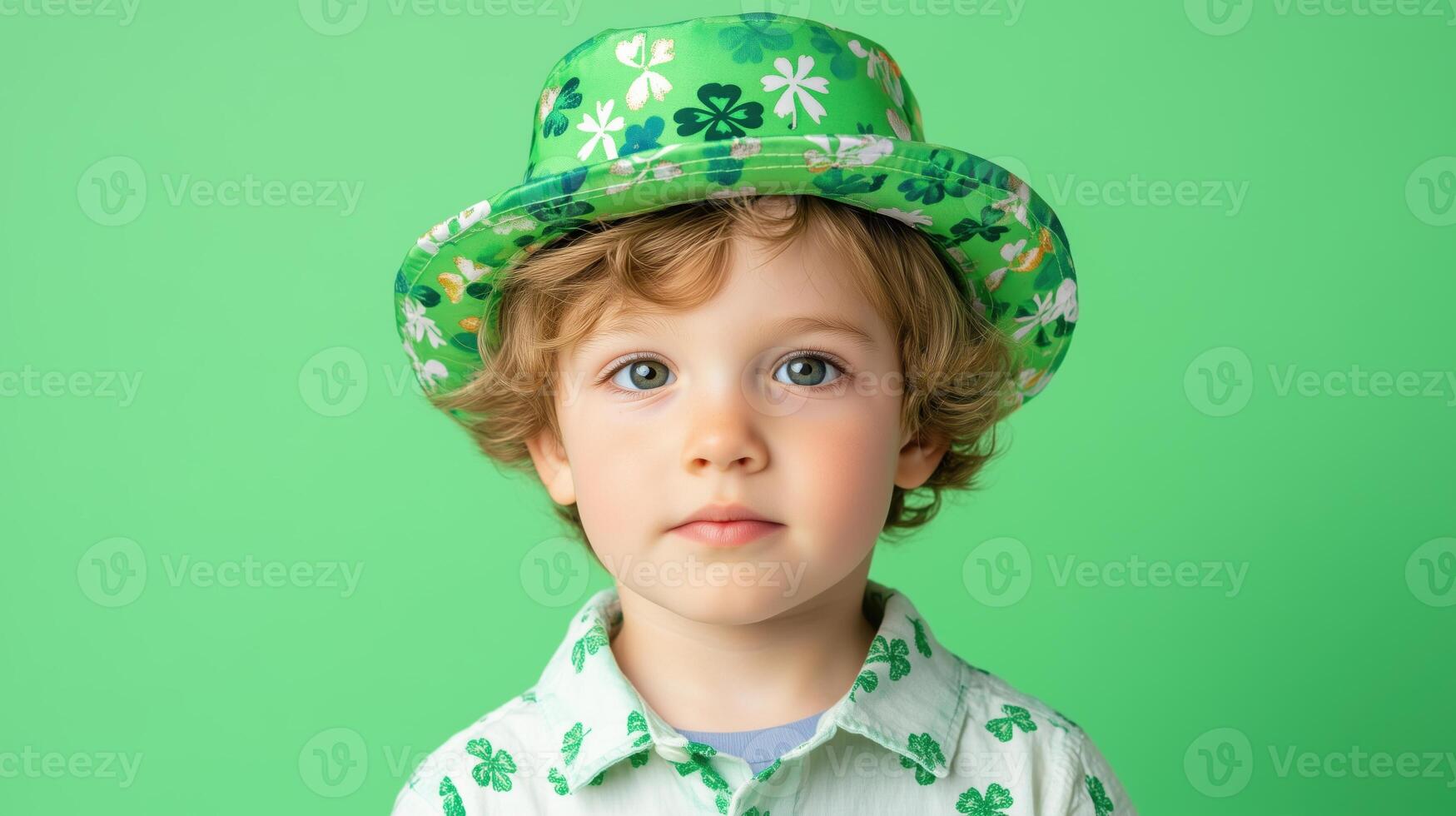 Young boy dressed in festive green attire with a playful hat celebrating a lively occasion photo