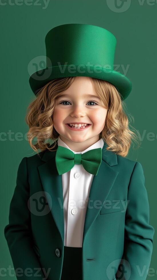 Smiling child wearing green attire in festive St Patrick's celebration against a green backdrop photo