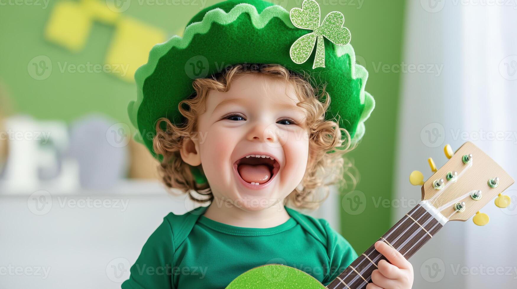 Young child smiles while wearing a St Patricks hat and holding a small guitar in a festive, green-themed room photo