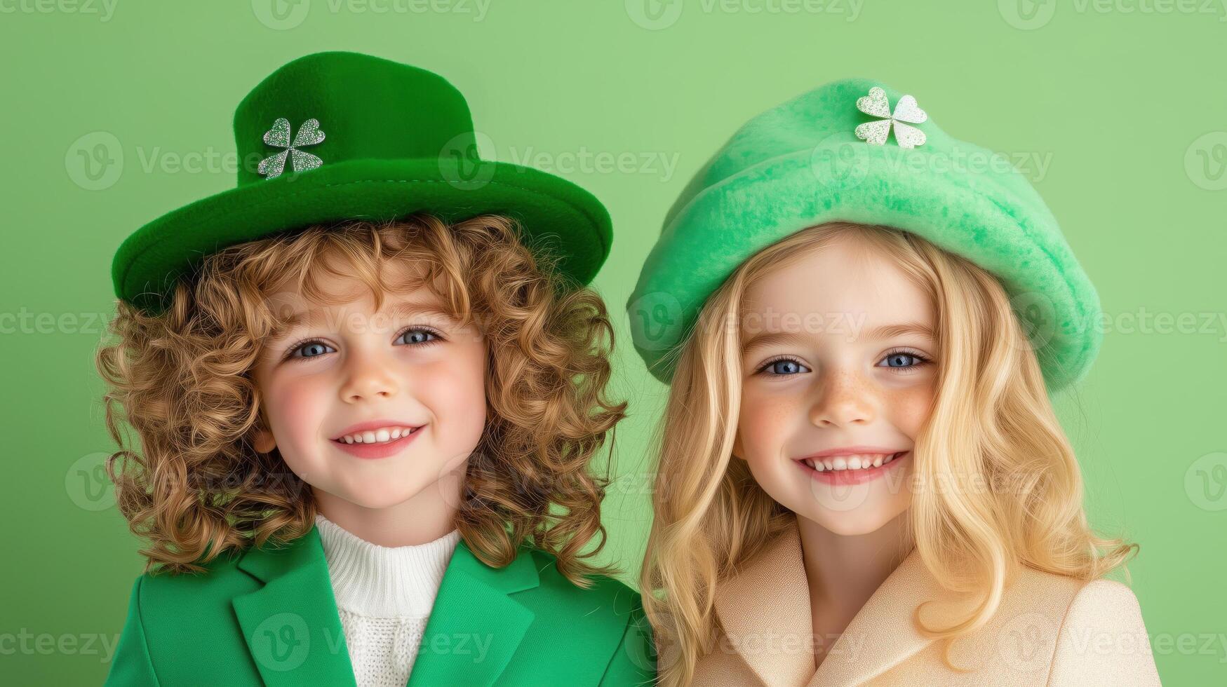 Young children celebrating in green hats with shamrocks, joyful expressions on a bright background photo