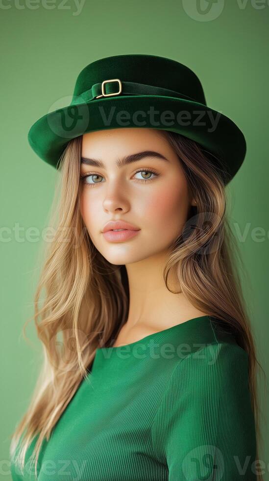 Stylish young woman posing in a green hat and outfit against a vibrant green backdrop in a studio setting photo