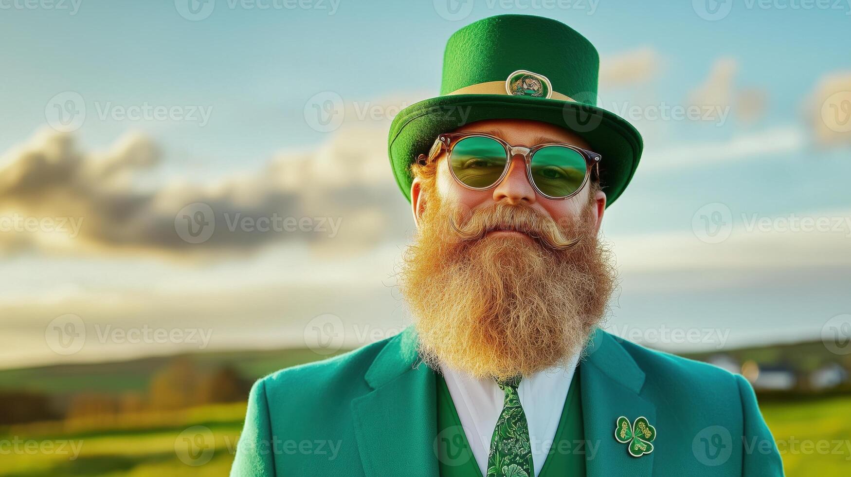 Whimsical leprechaun in vibrant green attire smiling in a lush landscape during golden hour photo