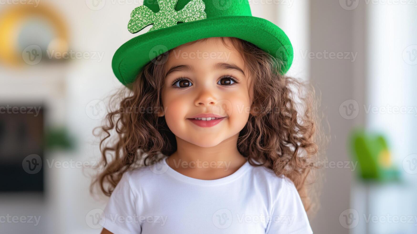 Young child in a festive green hat smiles brightly while celebrating a special occasion indoors photo