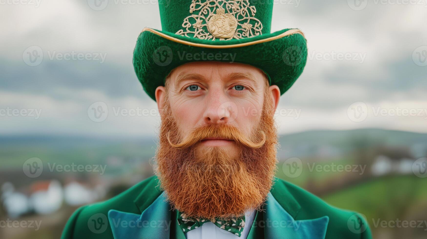 Whimsical leprechaun in vibrant green attire poses against an enchanting rural landscape during a cloudy day photo