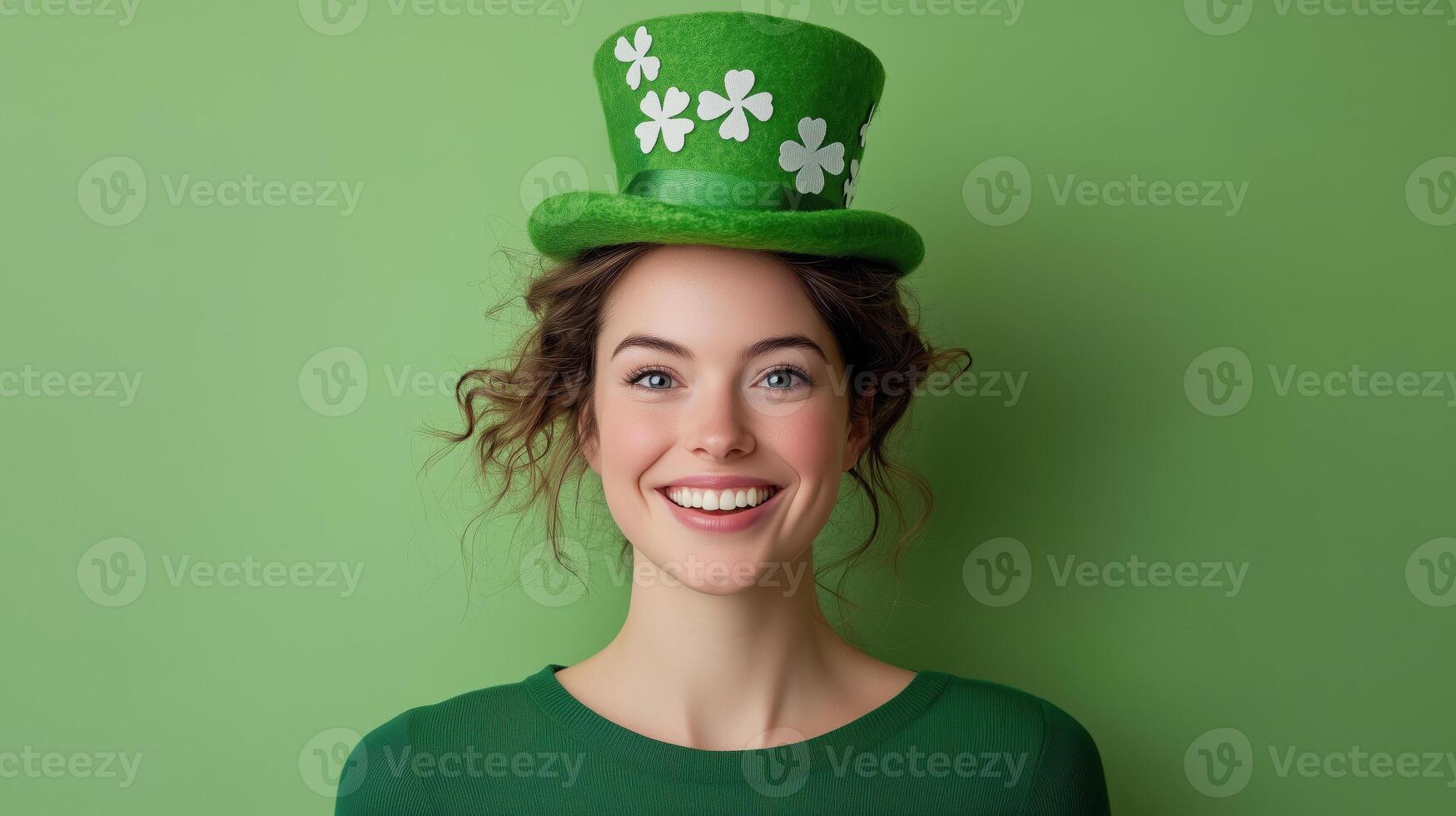 Cheerful young woman wearing a green hat with shamrocks on a bright green background during a festive celebration photo