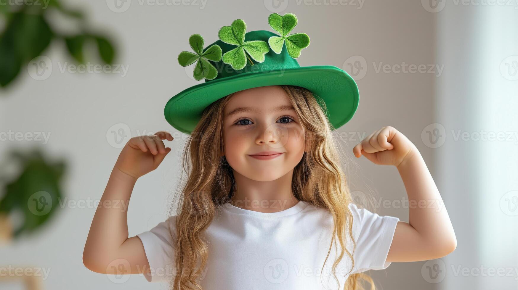 Young girl wears a green hat with shamrocks while striking a confident pose in a bright room photo