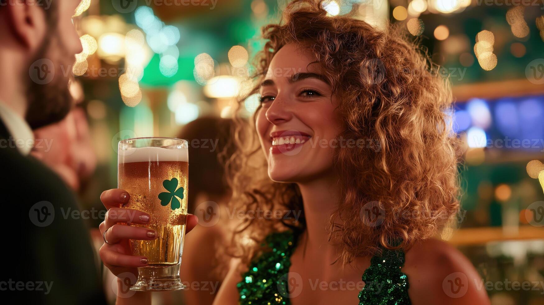 Celebrating St Patricks Day with laughter, drinks, and festive attire in a bustling pub atmosphere photo