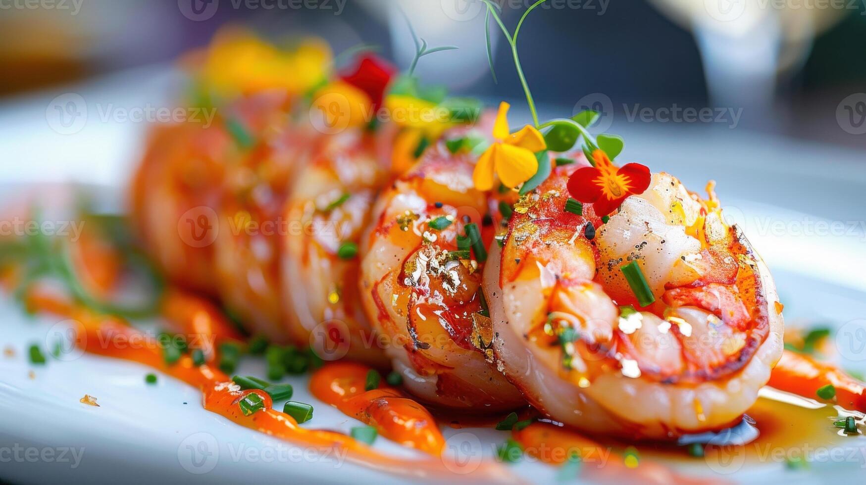 High-end culinary presentation of gourmet dumplings garnished with colorful flowers at a fine dining restaurant photo