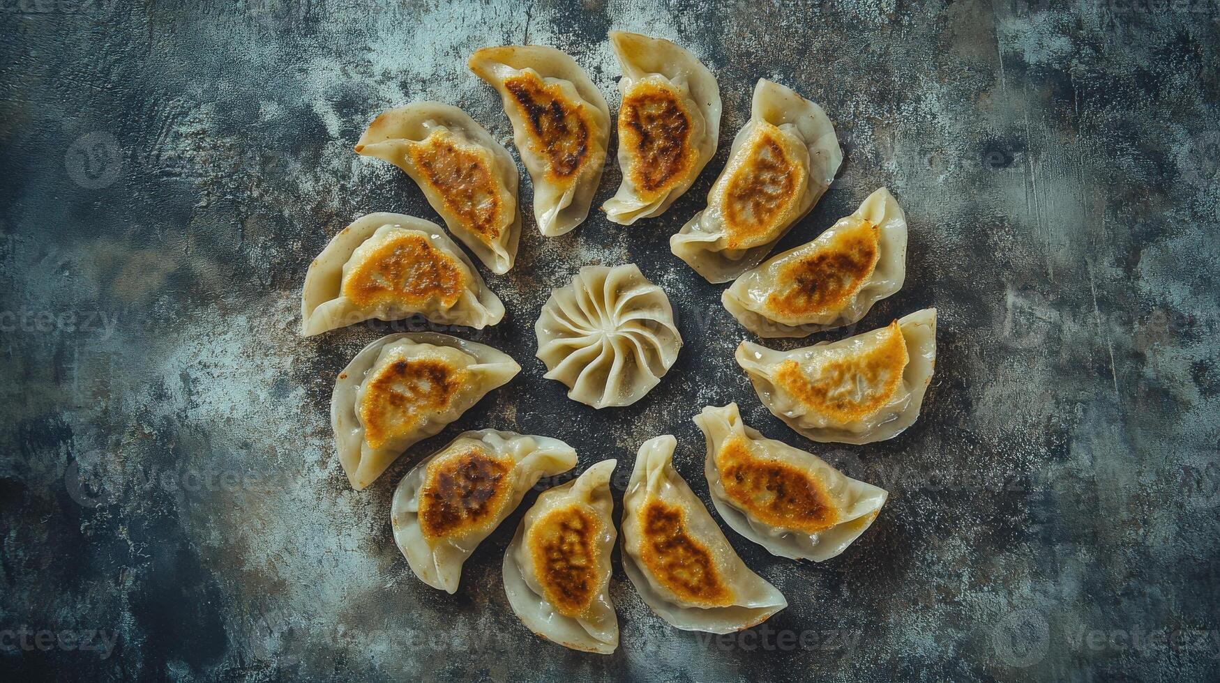 Modern composition of pan-seared dumplings arranged artistically on a textured surface photo