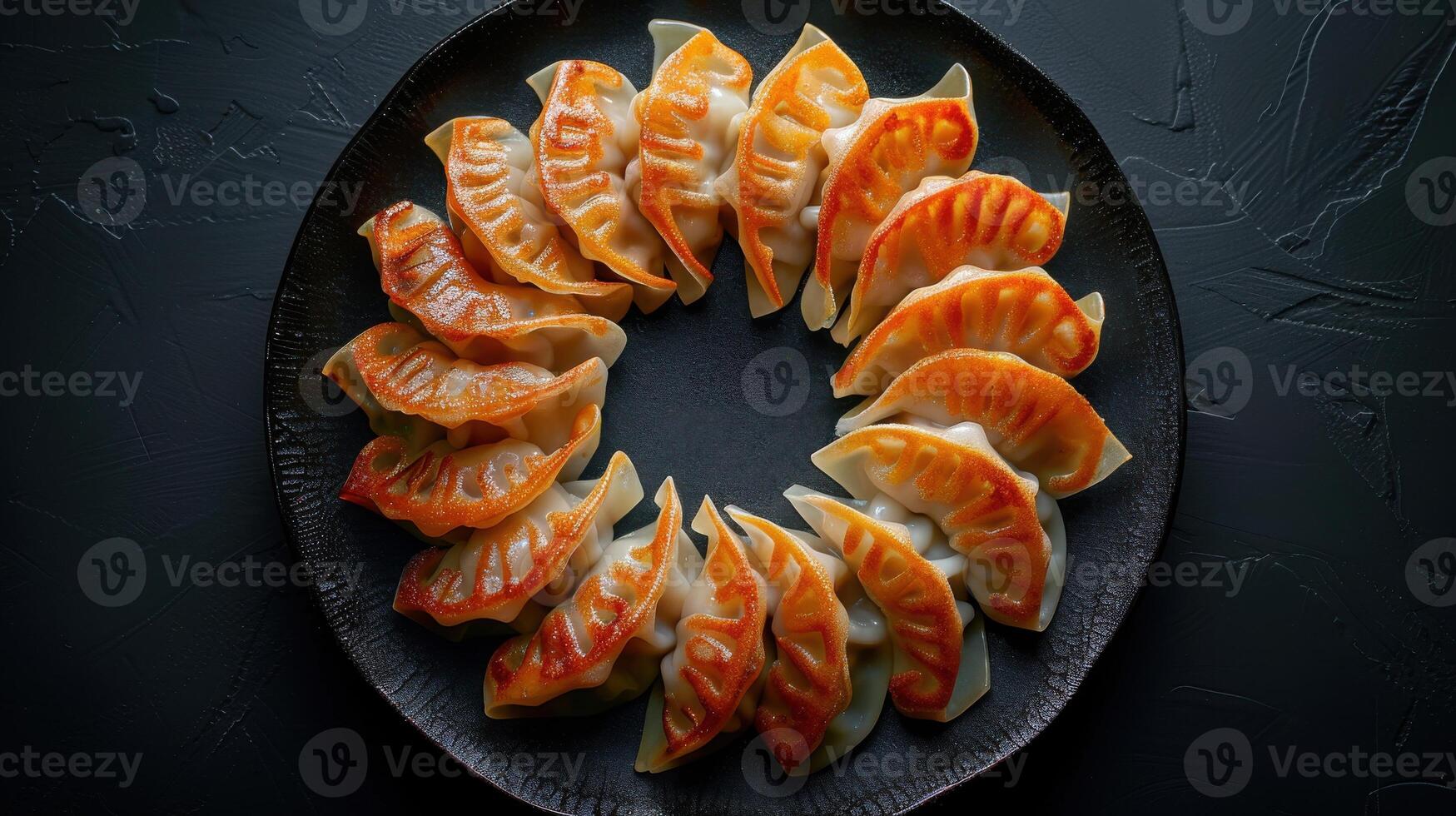 Modern composition of pan-seared dumplings arranged in a circular pattern on a dark plate photo