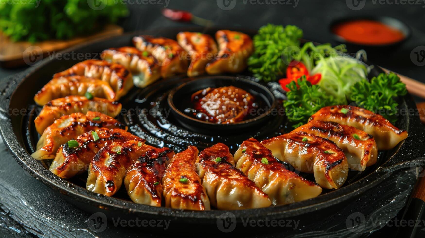 Sizzling pan of golden-crisp gyoza arranged with fresh vegetables and dipping sauces photo