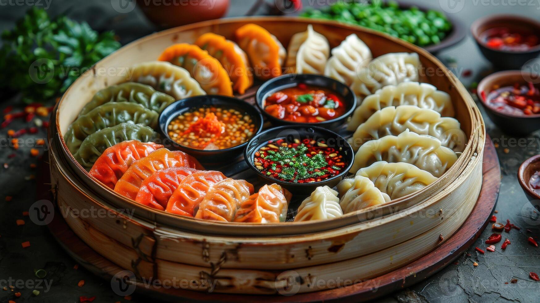 Colorful assortment of vibrant dumplings presented in a wooden steamer with various dipping sauces photo
