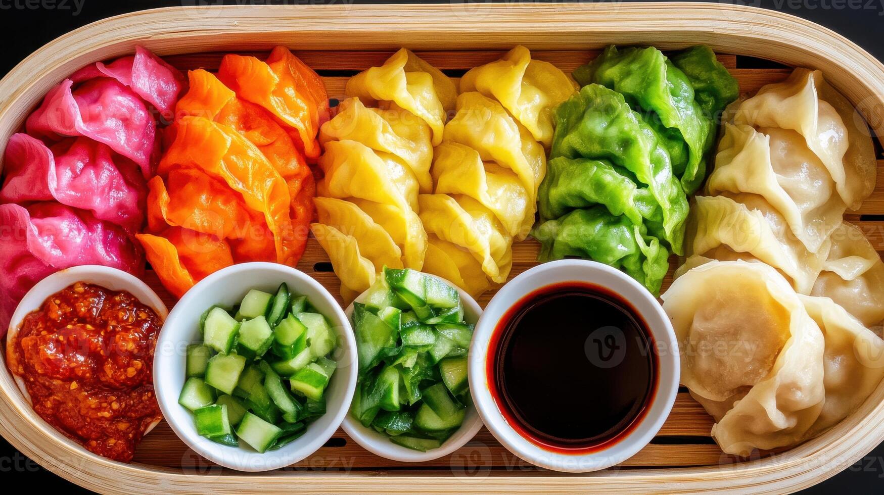Colorful assortment of vibrant dumplings arranged neatly with dipping sauces and fresh vegetables photo