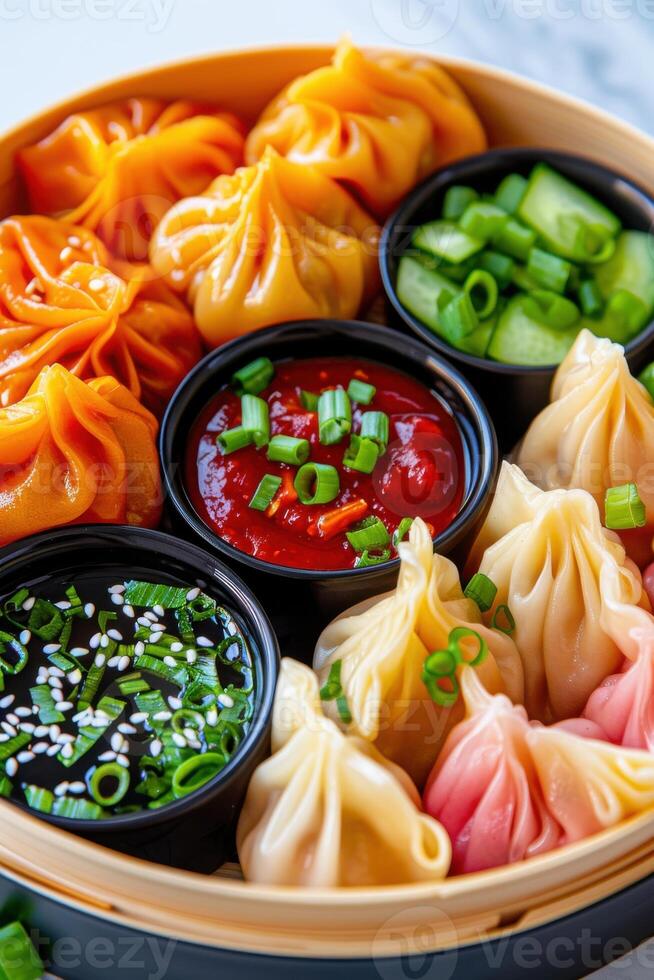 Vibrant assortment of colorful dumplings in a bamboo steamer served with fresh vegetables and sauces photo