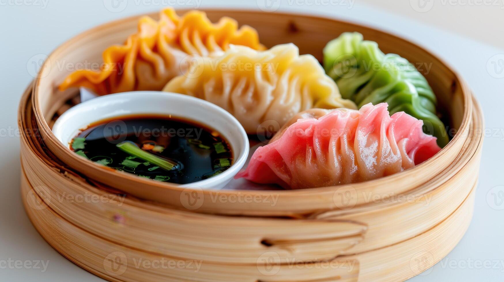Vibrant assortment of colorful dumplings served with dipping sauce in a bamboo steamer photo