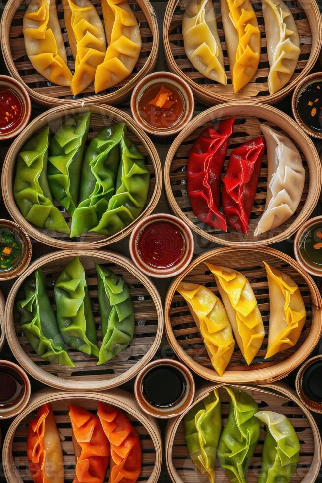 Vibrant assortment of colorful dumplings displayed in bamboo steamers with various dipping sauces photo