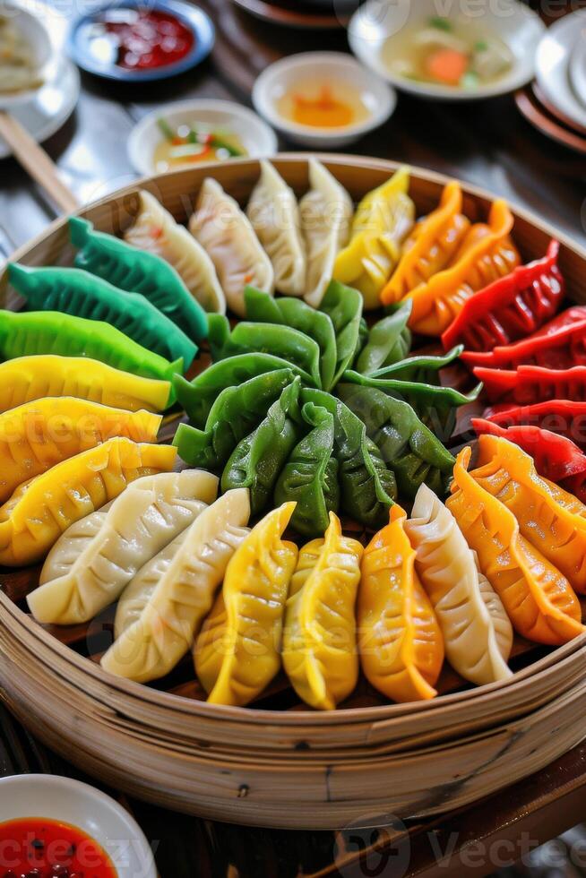 Vibrant assortment of colorful dumplings arranged in a basket ready for sharing and tasting at a festive gathering photo