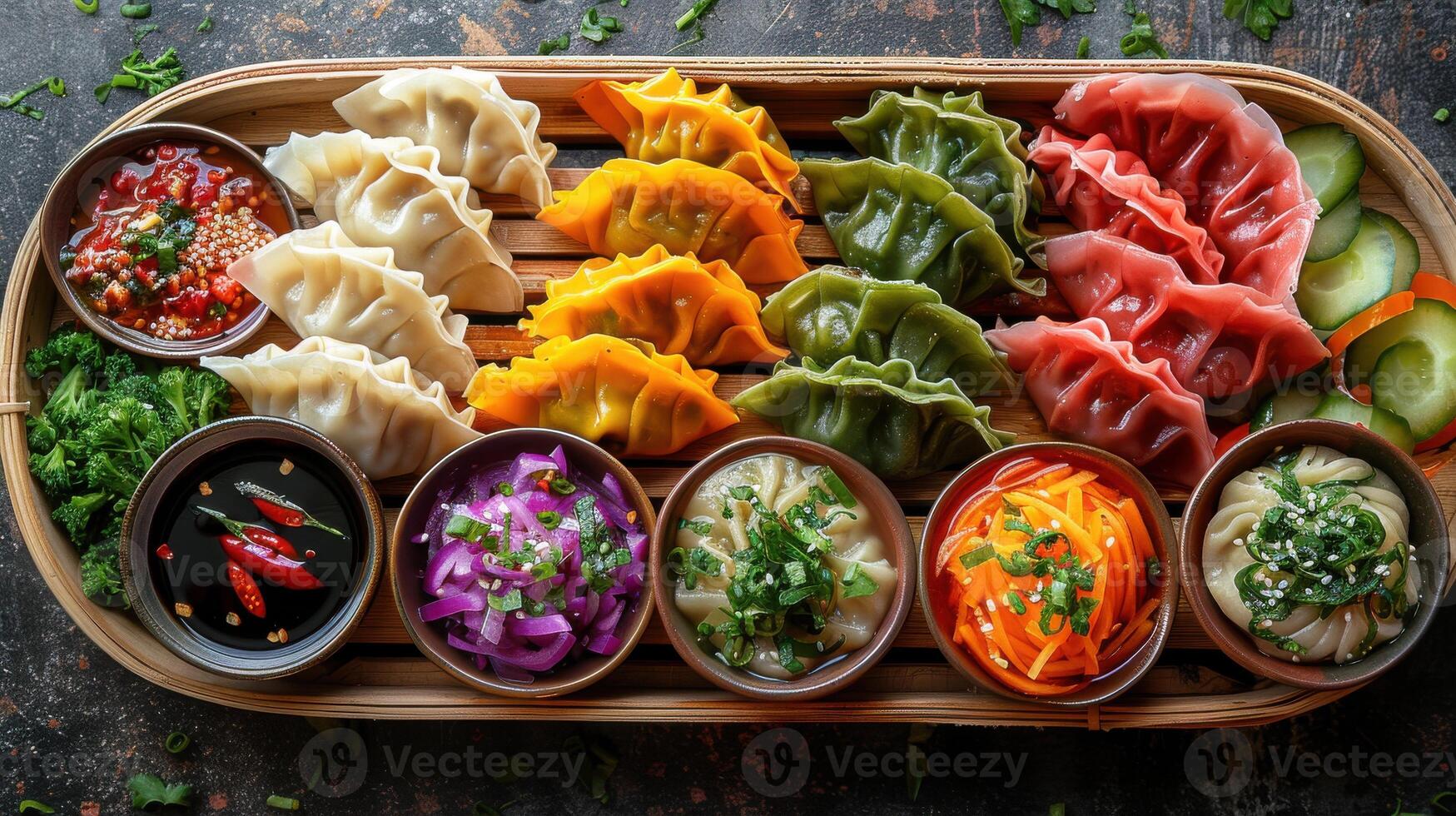 Vibrant assortment of colorful dumplings served with a variety of dipping sauces on a wooden platter photo