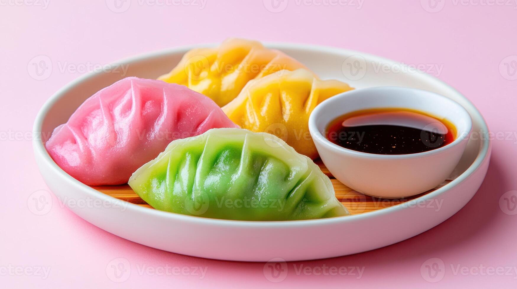 Colorful assortment of vibrant dumplings served with dipping sauce on a pink background photo