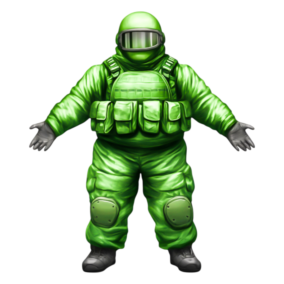 Bright Green Hazard Suit with Helmet and Protective Gear for Safety png