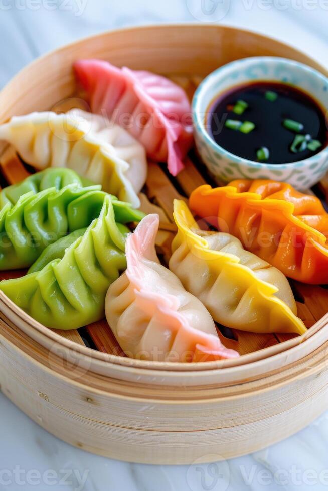 Colorful dumplings served in a bamboo steamer with dipping sauce photo