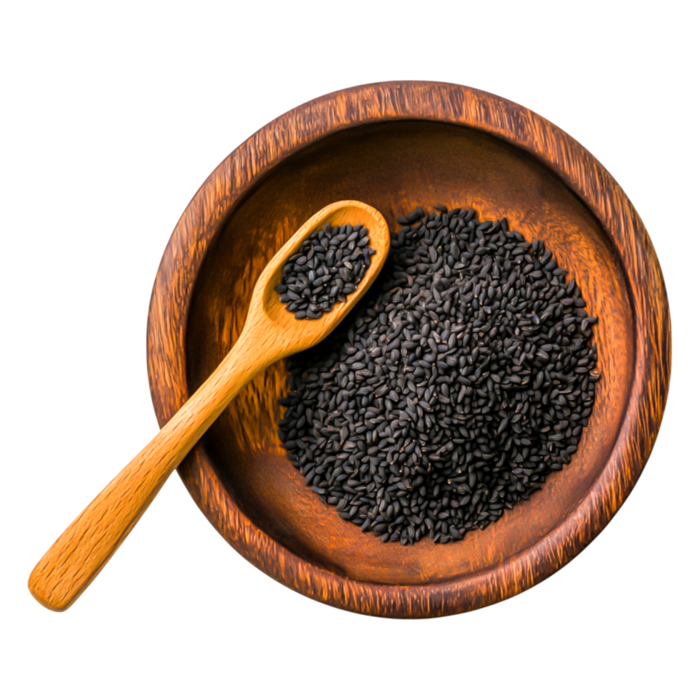 Black Sesame Seeds in Wooden Bowl with Spoon on Rustic Background png