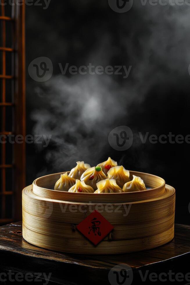 Delicate bamboo steamer filled with plump dumplings creating a cozy atmosphere in a dimly lit restaurant photo