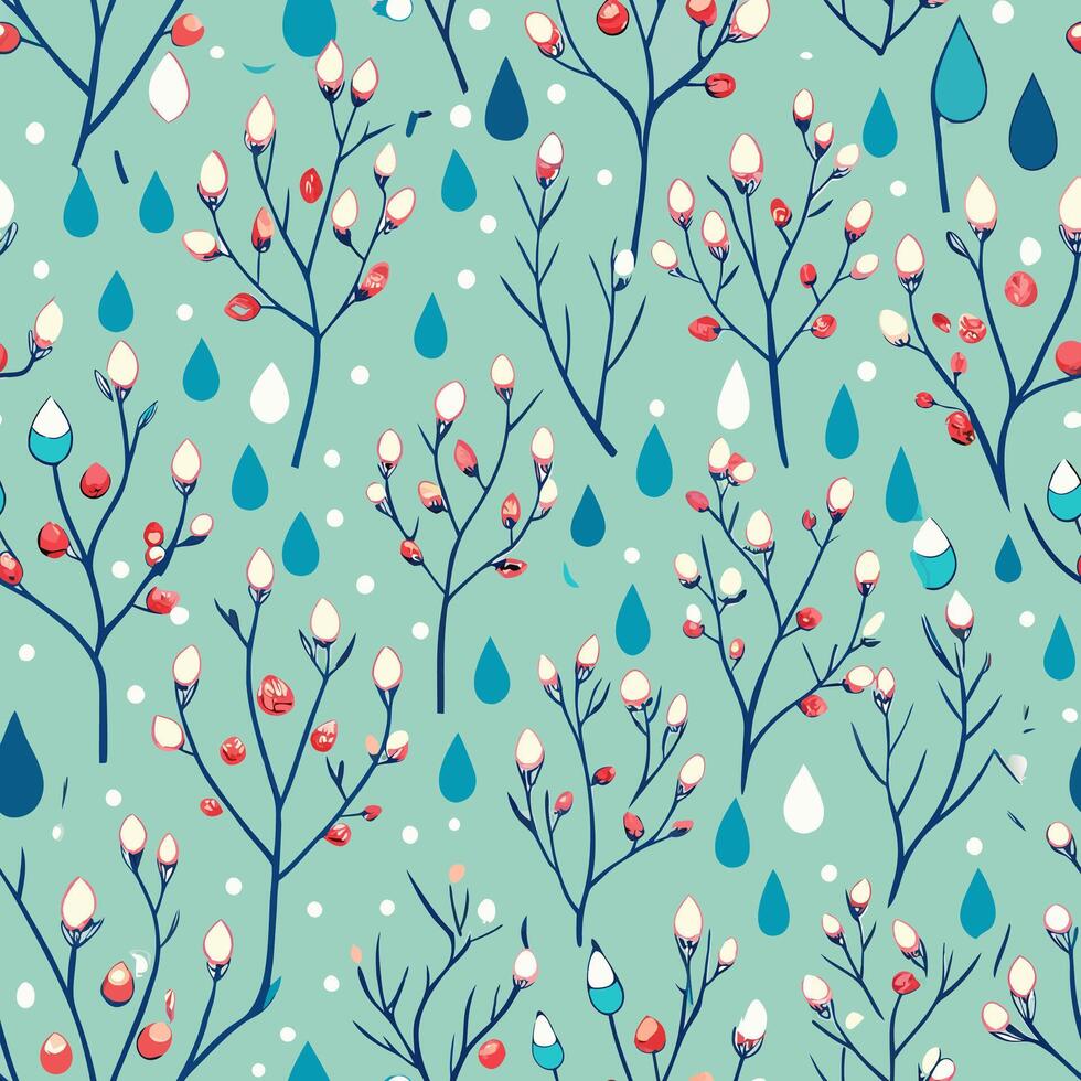 Budding branches pattern nature scene digital art vibrant colors aesthetic design seamless background vector