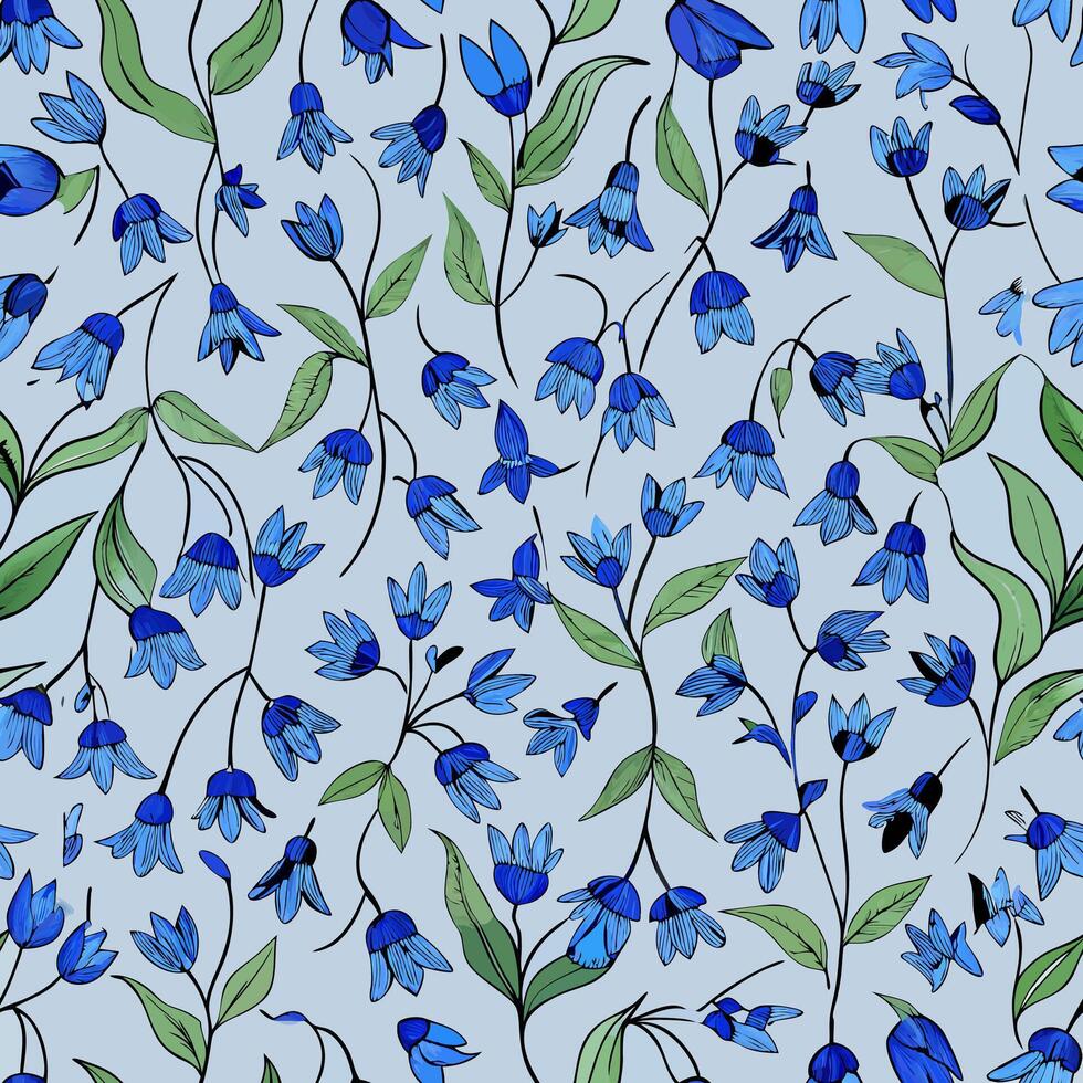 Delicate bluebell floral pattern nature seamless design soft colors aesthetic background concept vector