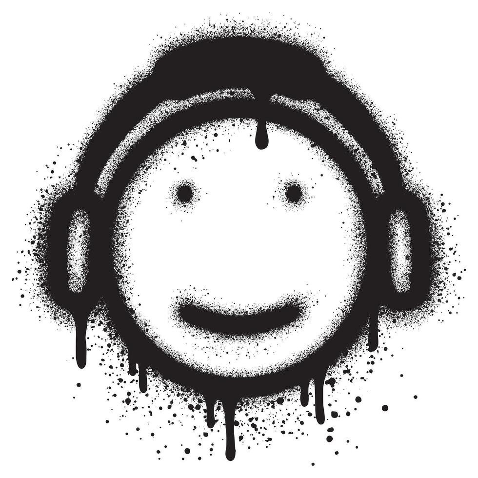 Emoticon of a sad face while listening to music on headphones in graffiti style vector