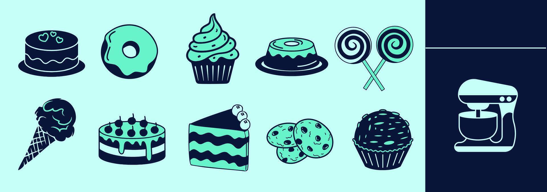 Sweets icon set for logo or digital work. Icons of dessert, doughnut, cupcake, frosting cake, muffin, candy, jelly, cookies, icecream cone and other. Editable elements, size and color. vector
