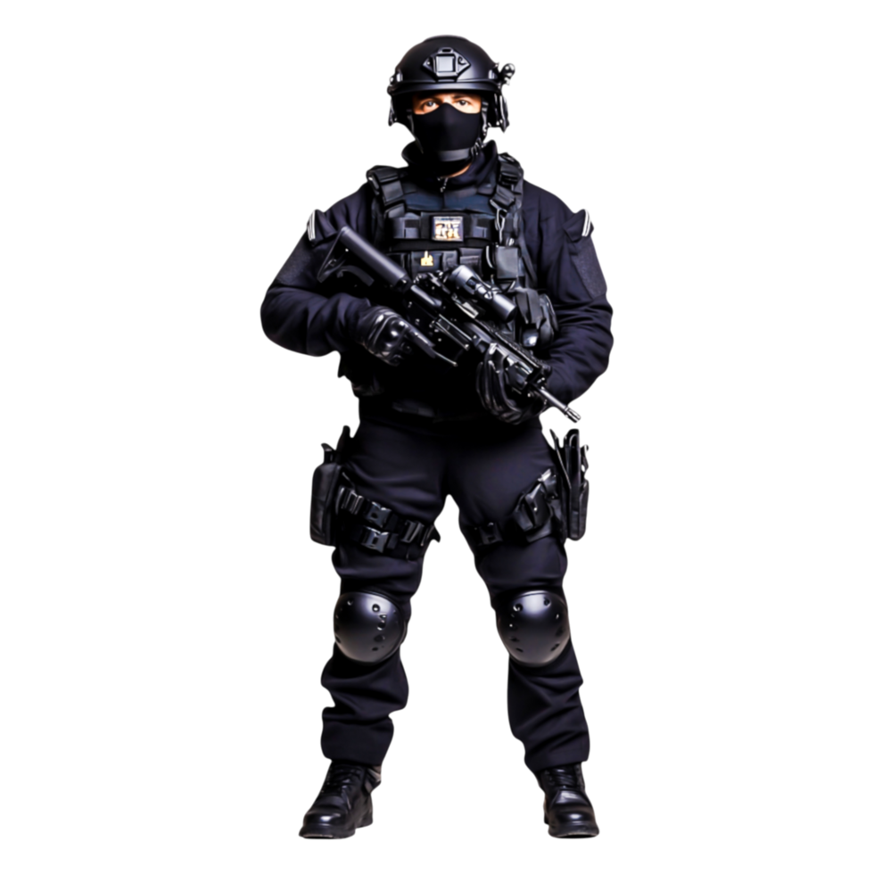 Tactical SWAT officer in full gear holding an automatic weapon png