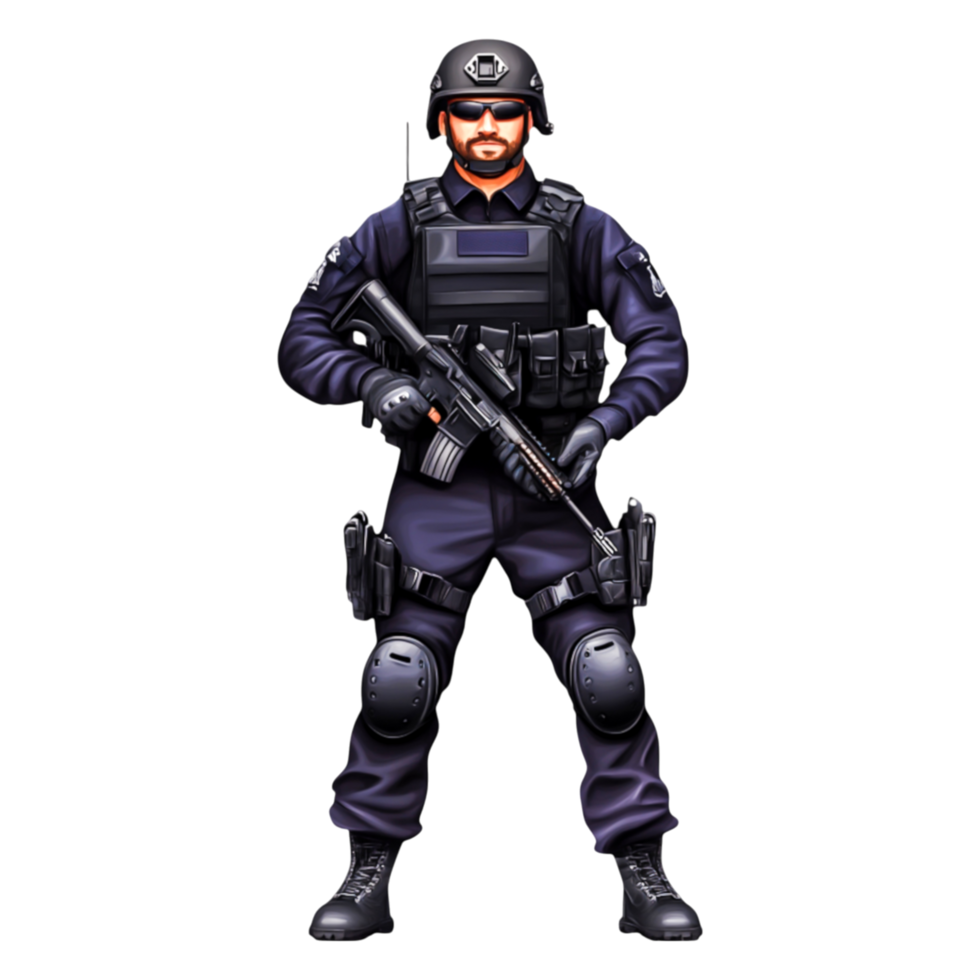 Tactical Officer in Black Uniform Holding Rifle with Serious Expression png