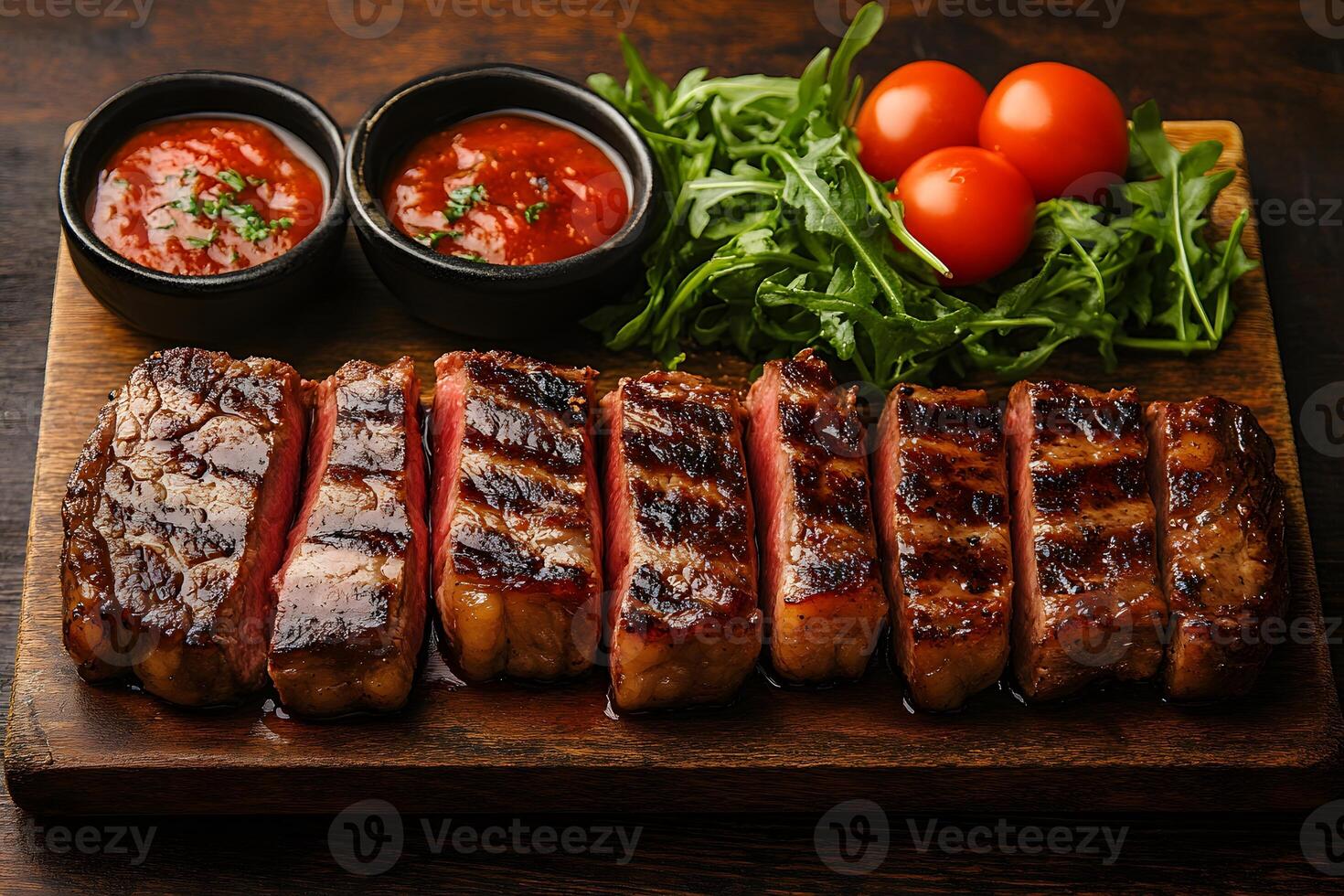 Juicy Grilled Steak with Tomato Sauce and Fresh Arugula on Wooden Board for Gourmet Dining photo