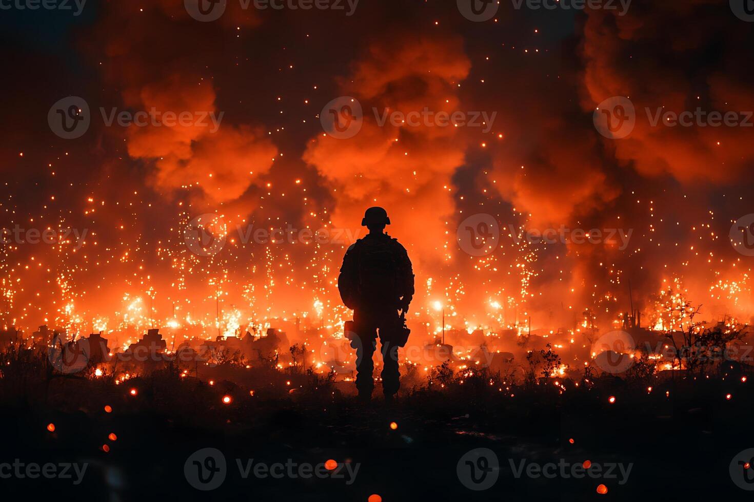 Firefighter Amidst Intense Wildfire Blaze at Night - Emergency Response in Action photo