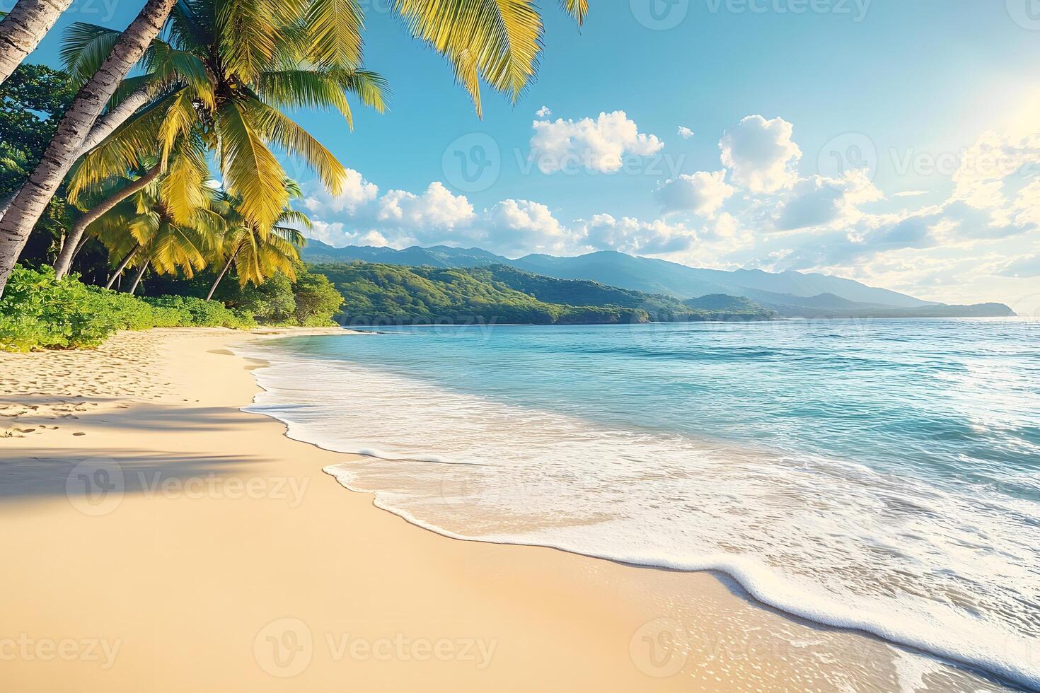 Tropical Beach Paradise with Palm Trees and Serene Ocean Waves photo