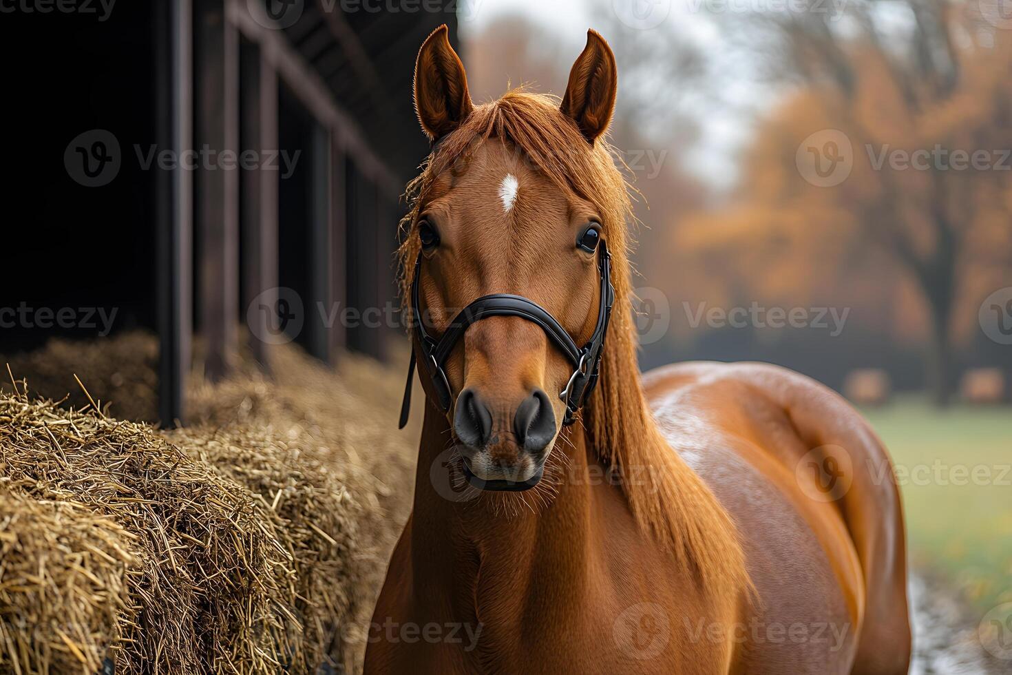 Majestic Chestnut Horse in Autumn Stable Setting for Equine Beauty and Nature Themes photo