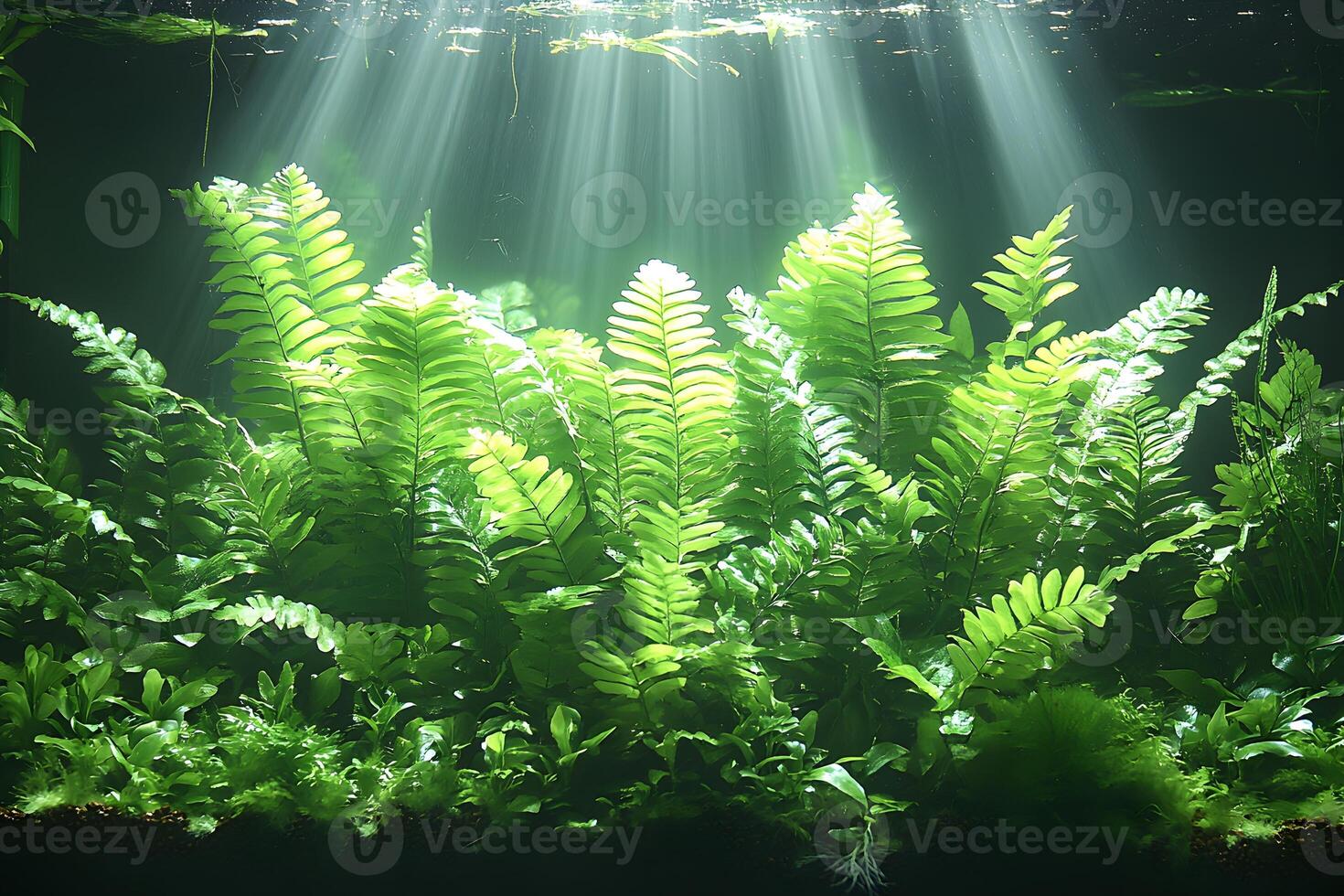 Lush Aquatic Ferns Illuminated by Sunlight in an Underwater Scene photo