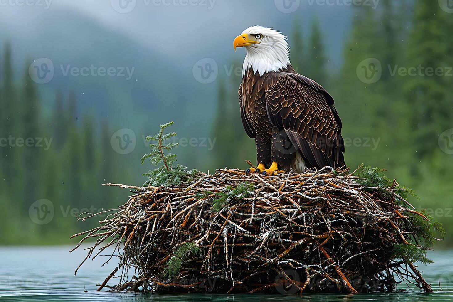 Majestic Bald Eagle on Nest in Serene Forest Setting for Wildlife Photography photo