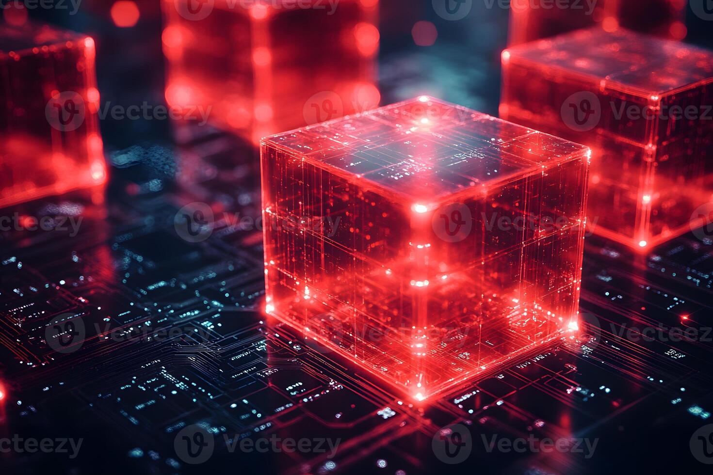 Futuristic Blockchain Technology Concept with Glowing Red Cubes on Circuit Board photo