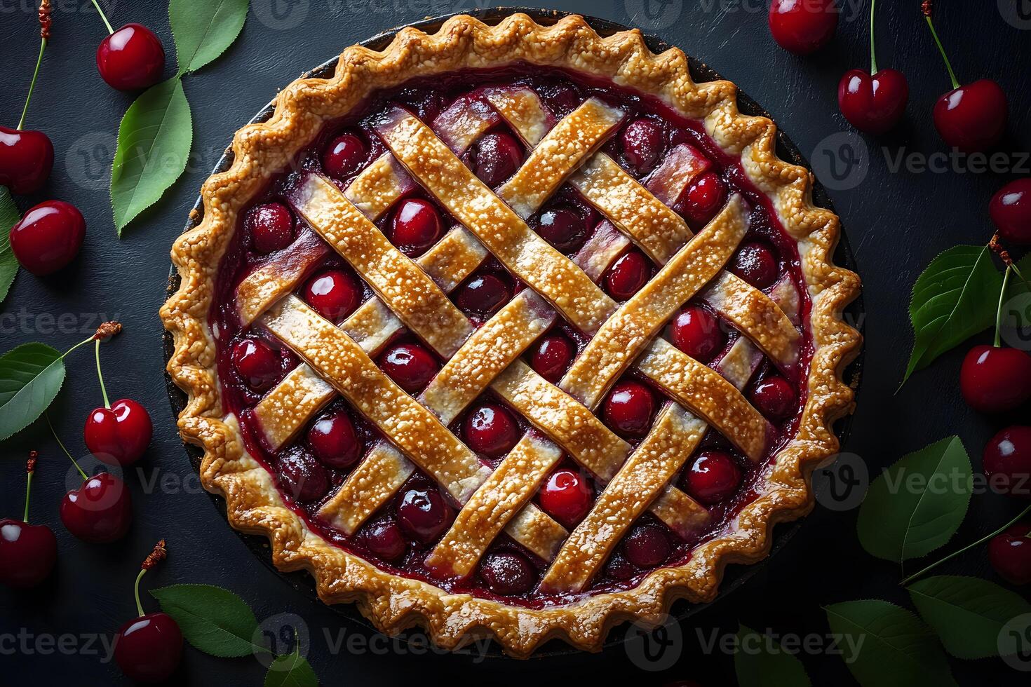Delicious Cherry Pie with Lattice Crust Surrounded by Fresh Cherries for Culinary Delight photo