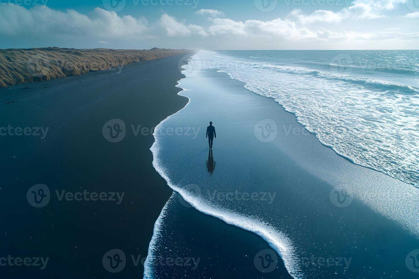 Solitude on the Misty Beach at Dawn Serenity and Reflection by the Ocean photo